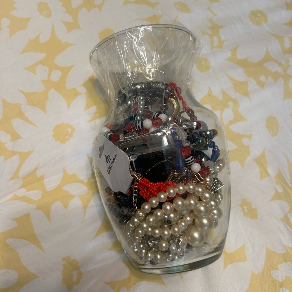 Glass Vase with Assorted Jewelry